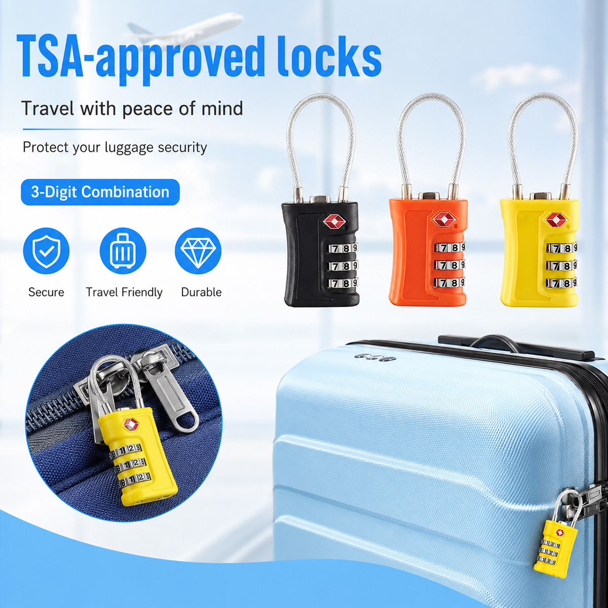 Travel Accessories Electronics - TSA-zugelassenes Gepäckschloss, 3-stelliges Kombinations-Kabelschloss für Koffer,