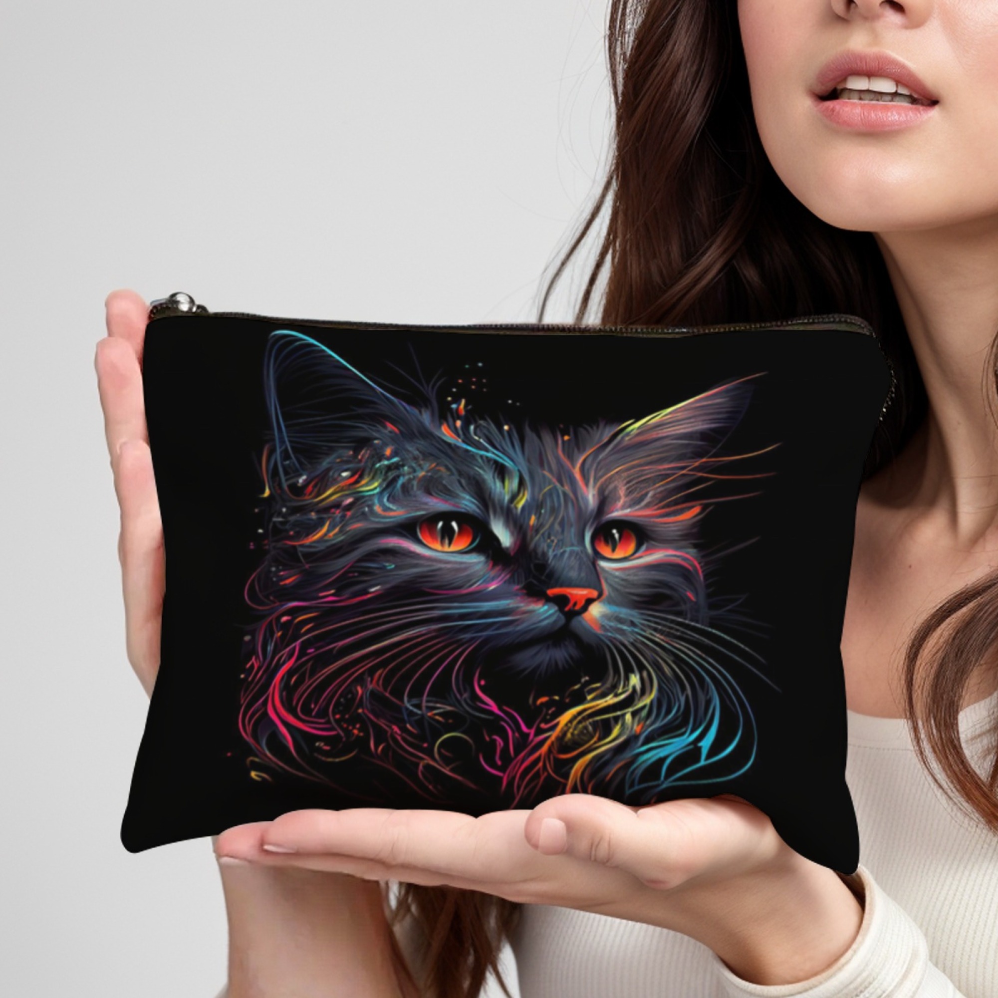 Travel Accessories Hong Kong - Kosmetiktasche mit Neon-Katzen-Gesichtsmuster, Reise-Make-up-Tasche, Unisex-Kosmetiktasche, Party-Accessoire,